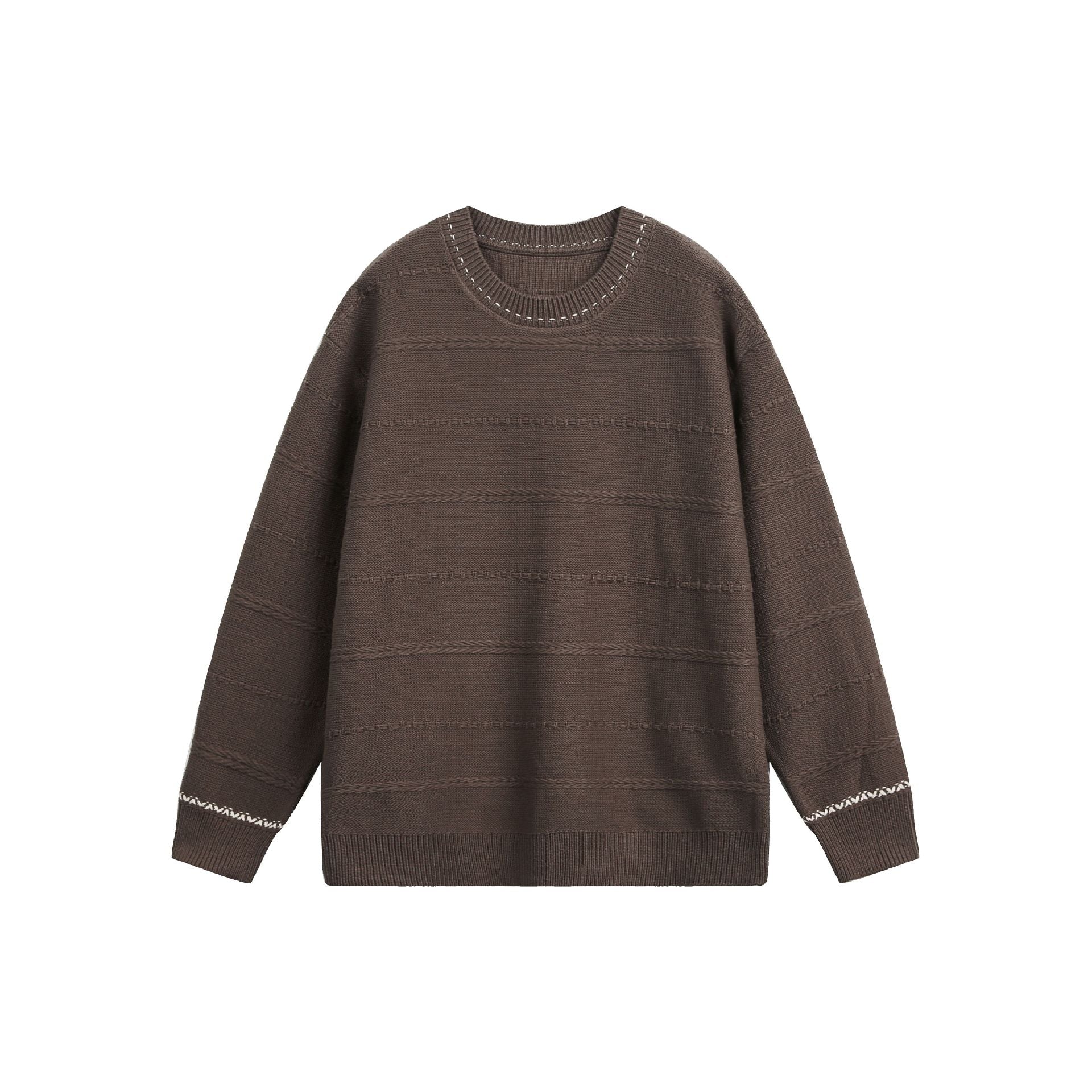Women's Oversized Knitted Sweater with Textured Stripes and Round Neck Chichicherry