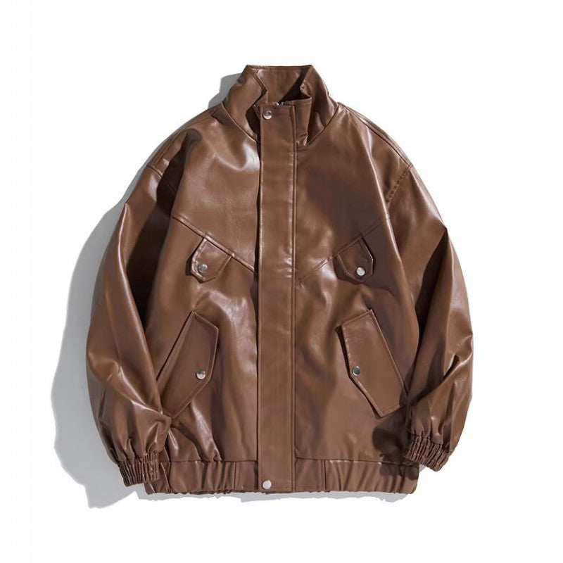Men's Oversized Faux Leather Bomber Jacket with Stand Collar, Flap Pockets and Elastic Hem Chichicherry