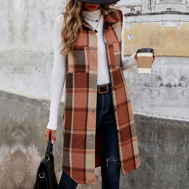 Women's Sleeveless Checked Long Vest with Shirt Collar and Button Placket Chichicherry