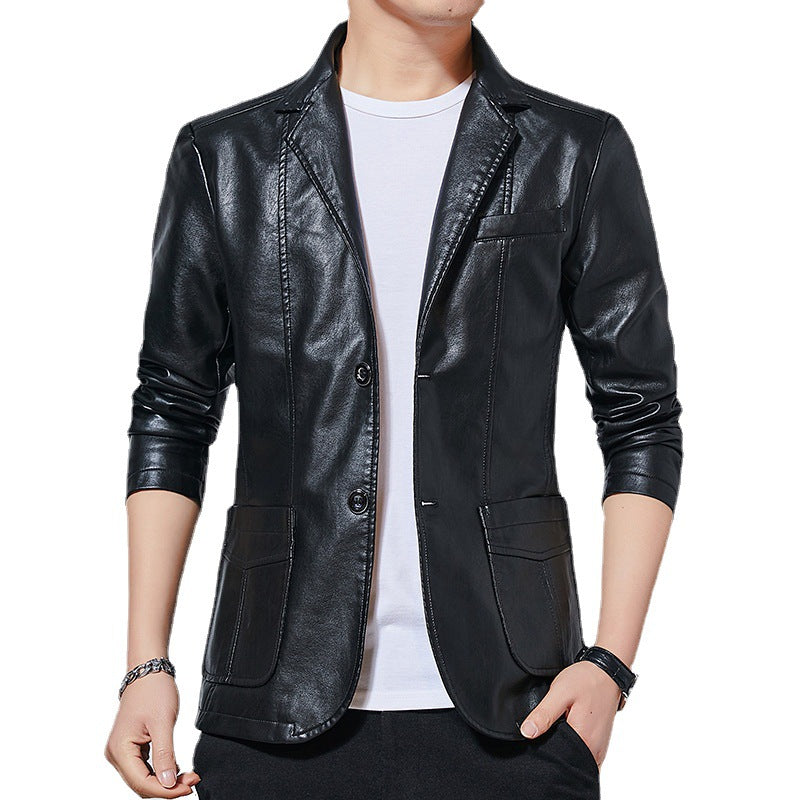 Men's Faux Leather Blouson Style Jacket with Shirt Collar and Patch Pockets Chichicherry