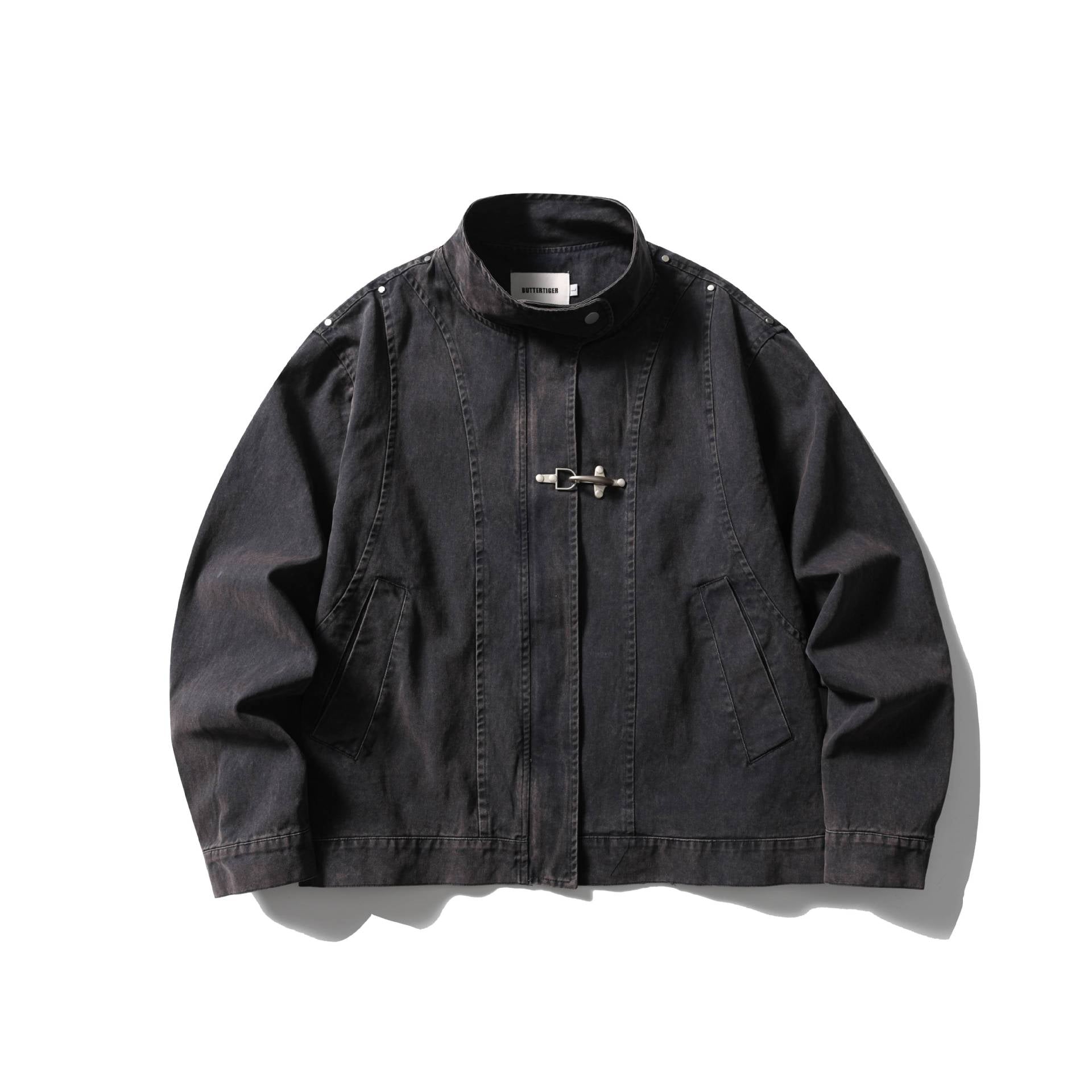 Men's Short Vintage Denim Field Blouson with Stand Collar, Toggle Closure and Utility Pockets Chichicherry