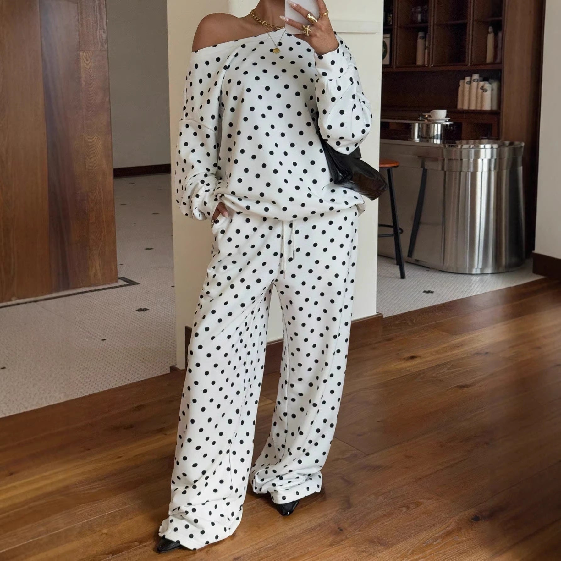 Women's Polka Dot Two-Piece Lounge Set with Wide Boat Neck and Loose Palazzo Pants Chichicherry