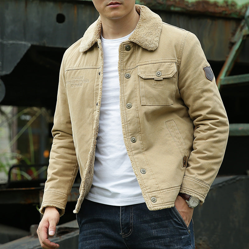 Men's Robust Canvas Field Jacket with Teddy Lining, Stand Collar and Utility Pockets Chichicherry
