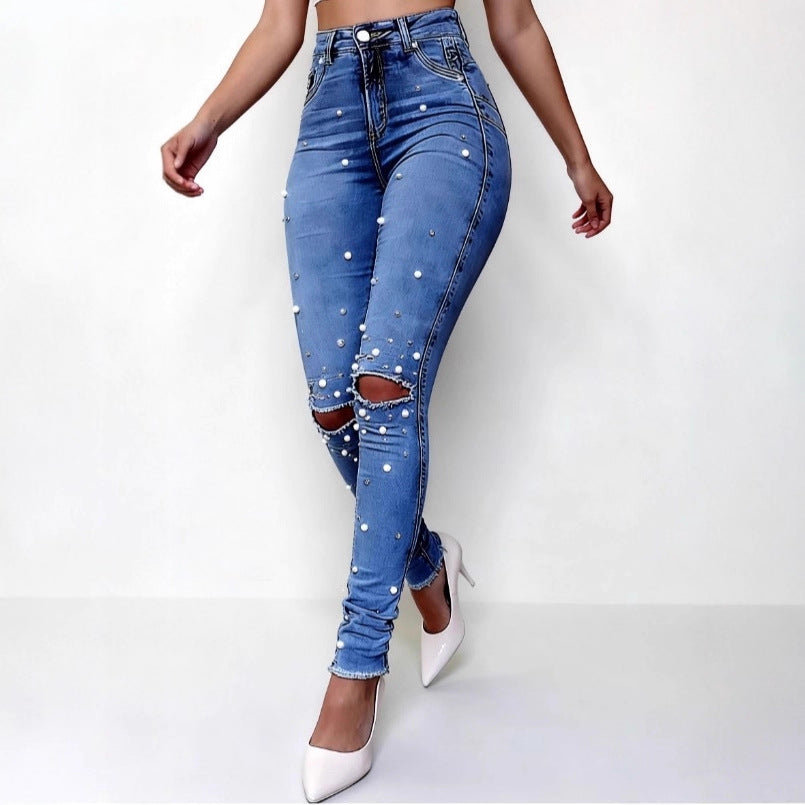 Women Pearl-Embellished High-Waist Skinny Jeans with Sculpting Fit Chichicherry