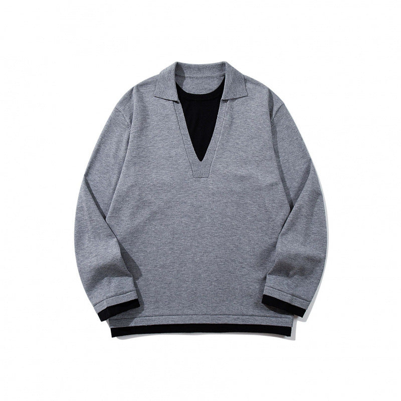 Unisex Oversize Knit Sweater with Open V-Neck and Shirt Collar Chichicherry