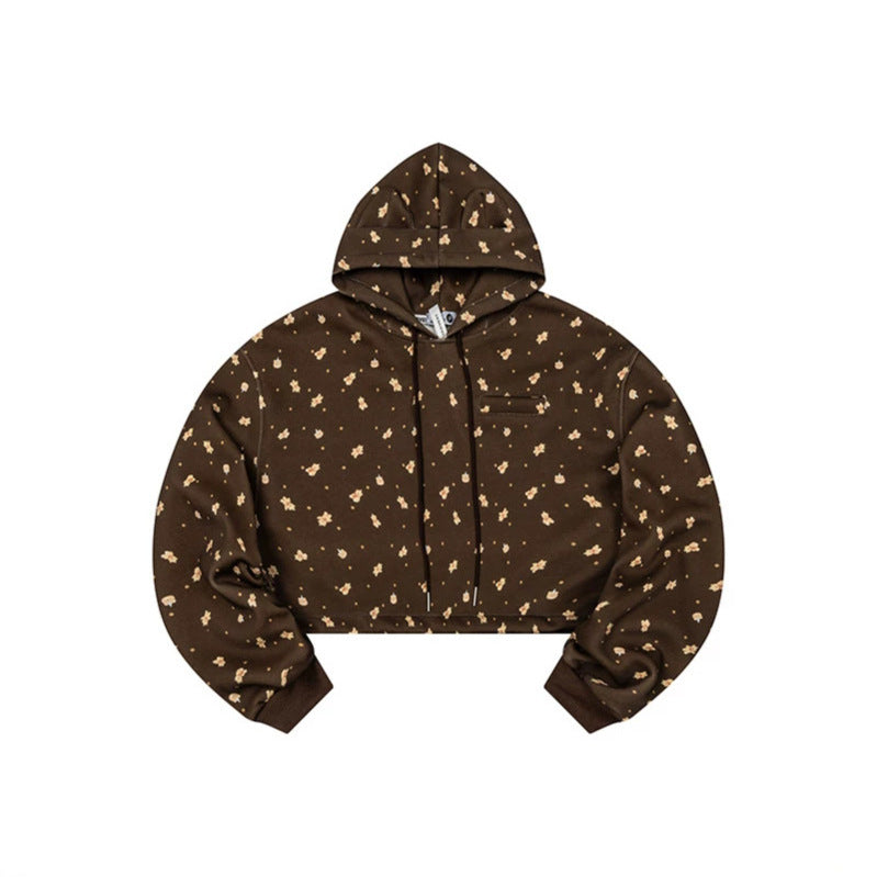 Women's Cropped Hoodie Sweatshirt with Allover Floral Print, Chest Pocket and Ruffled Hem Chichicherry