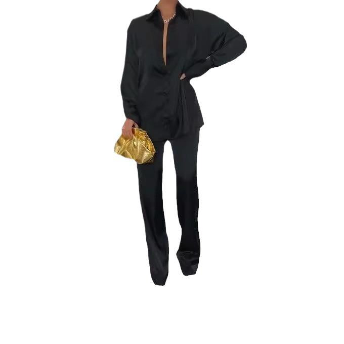 Women Satin Shirt and Palazzo Pants Lounge Set Chichicherry