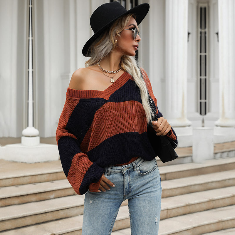 Women's Striped Oversize V-Neck Sweater in Chunky Knit Chichicherry