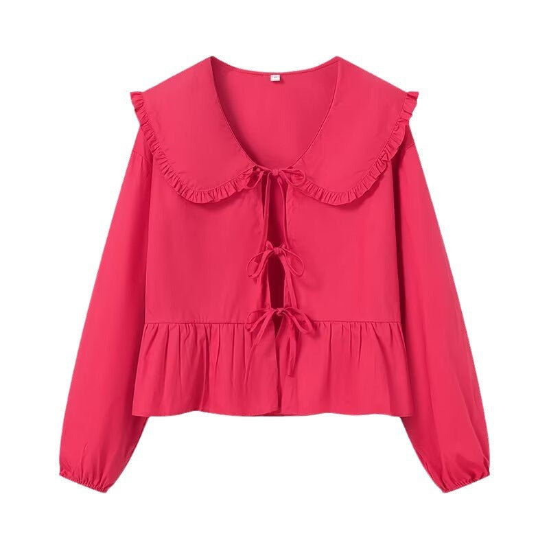 Women's Ruffled Cropped Blouse with Oversized Collar, Ties and Fitted Peplum Chichicherry