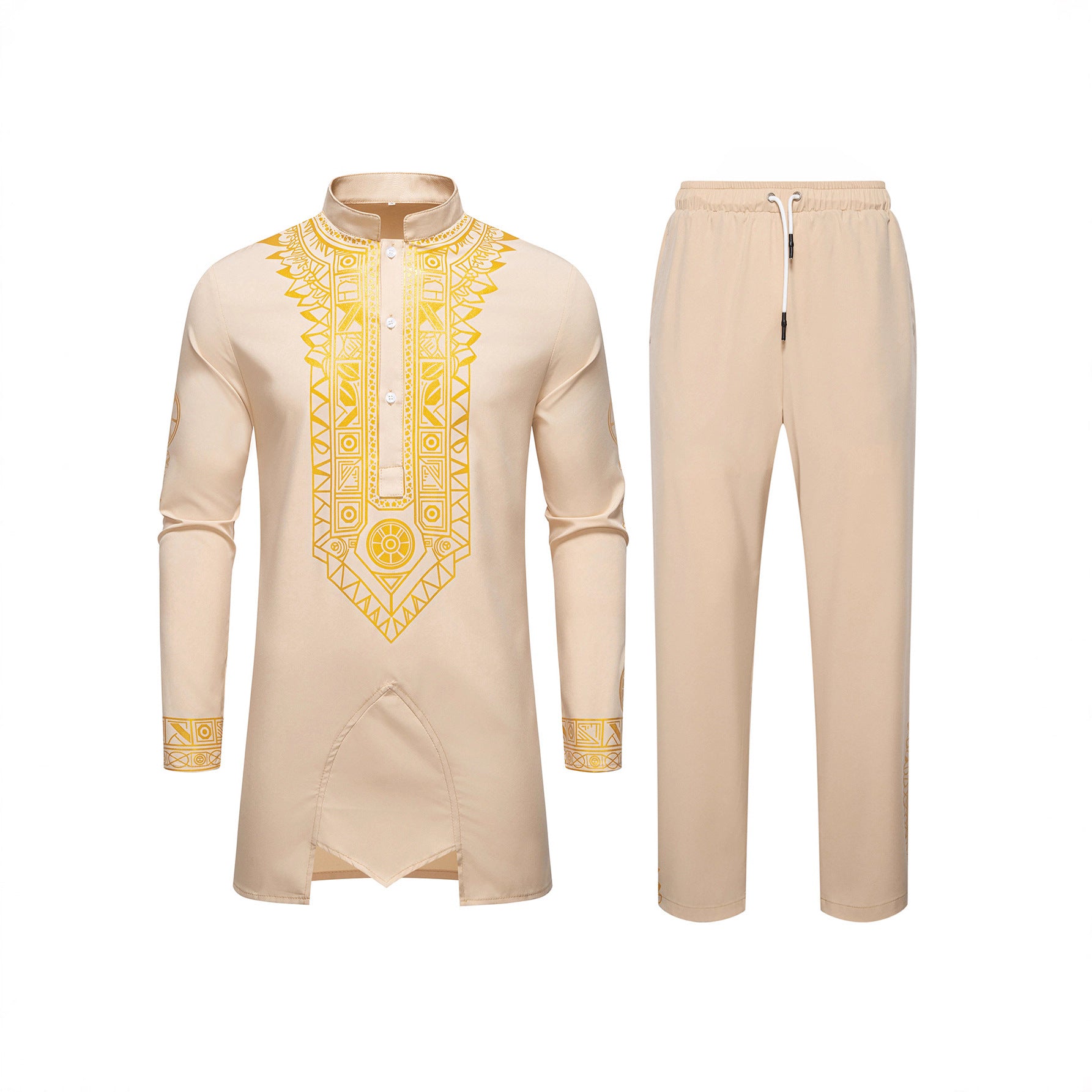 Men's Traditional Long Sleeve Kurta Set with Stand Collar, Gold Ornament Print and Drawstring Pants Chichicherry