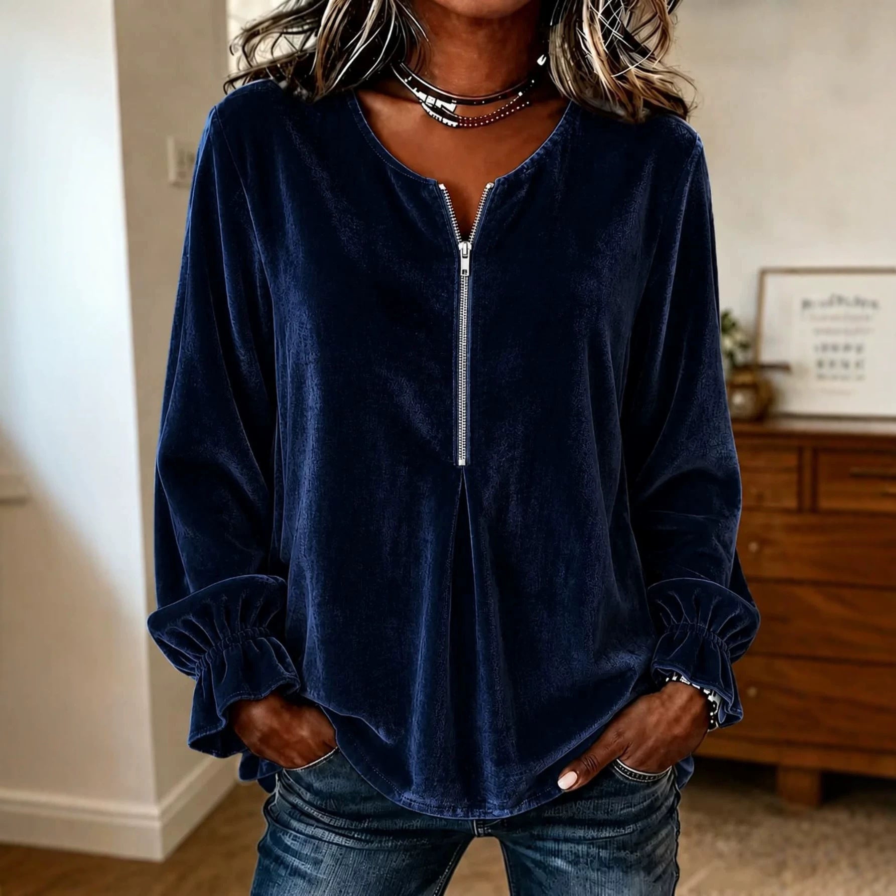 Women’s velvet blouse with half zip, ruffle cuffs, and A-line cut Chichicherry