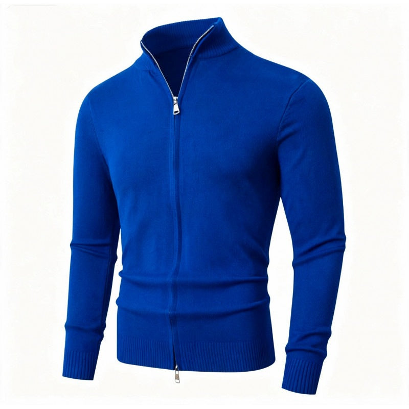 Men's Slim Fit Fine Knit Cardigan with Double Zipper and Stand Collar Chichicherry