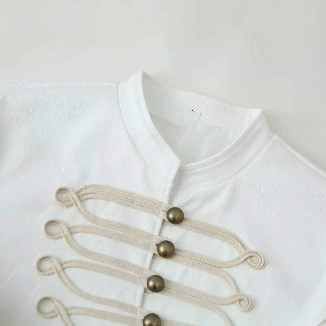 Women Military Inspired Short Stand Collar Jacket with Decorative Cords and Brass Buttons Chichicherry