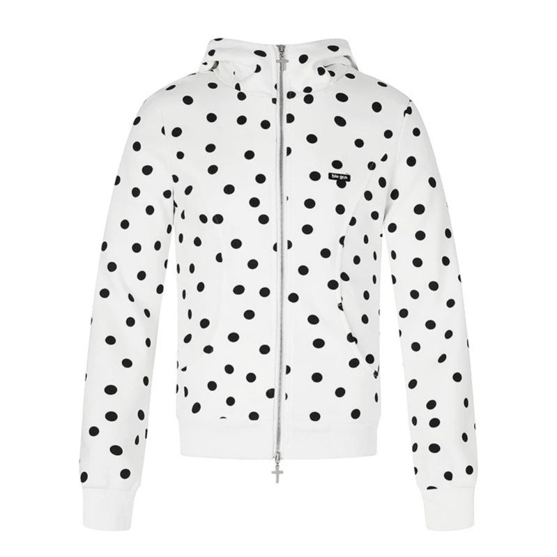 Women's Figure-Hugging Hooded Sweat Jacket with Polka Dot Pattern, Metal Front Zipper and Kangaroo Pockets Chichicherry