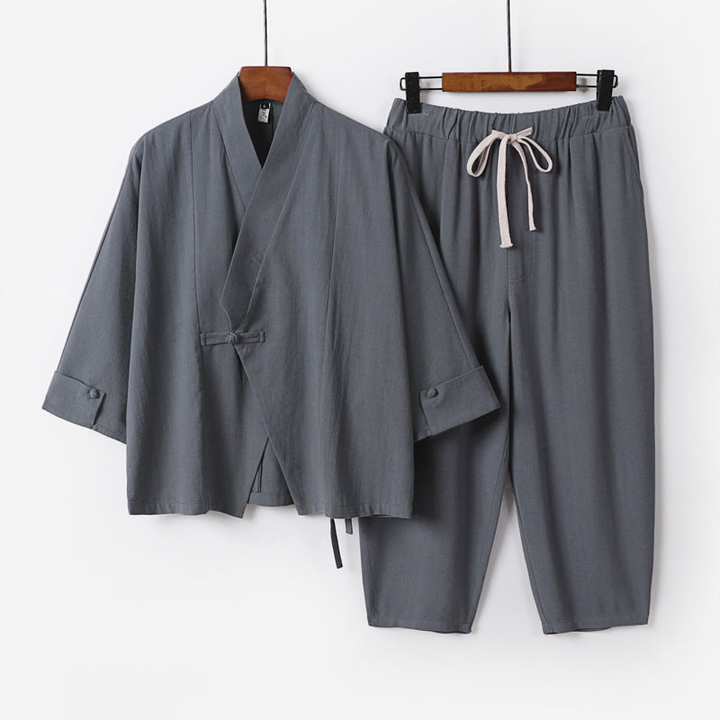 Men's Breathable Linen-Cotton Lounge Set with Asymmetrical V-Neck and Elastic Cord Pants Chichicherry