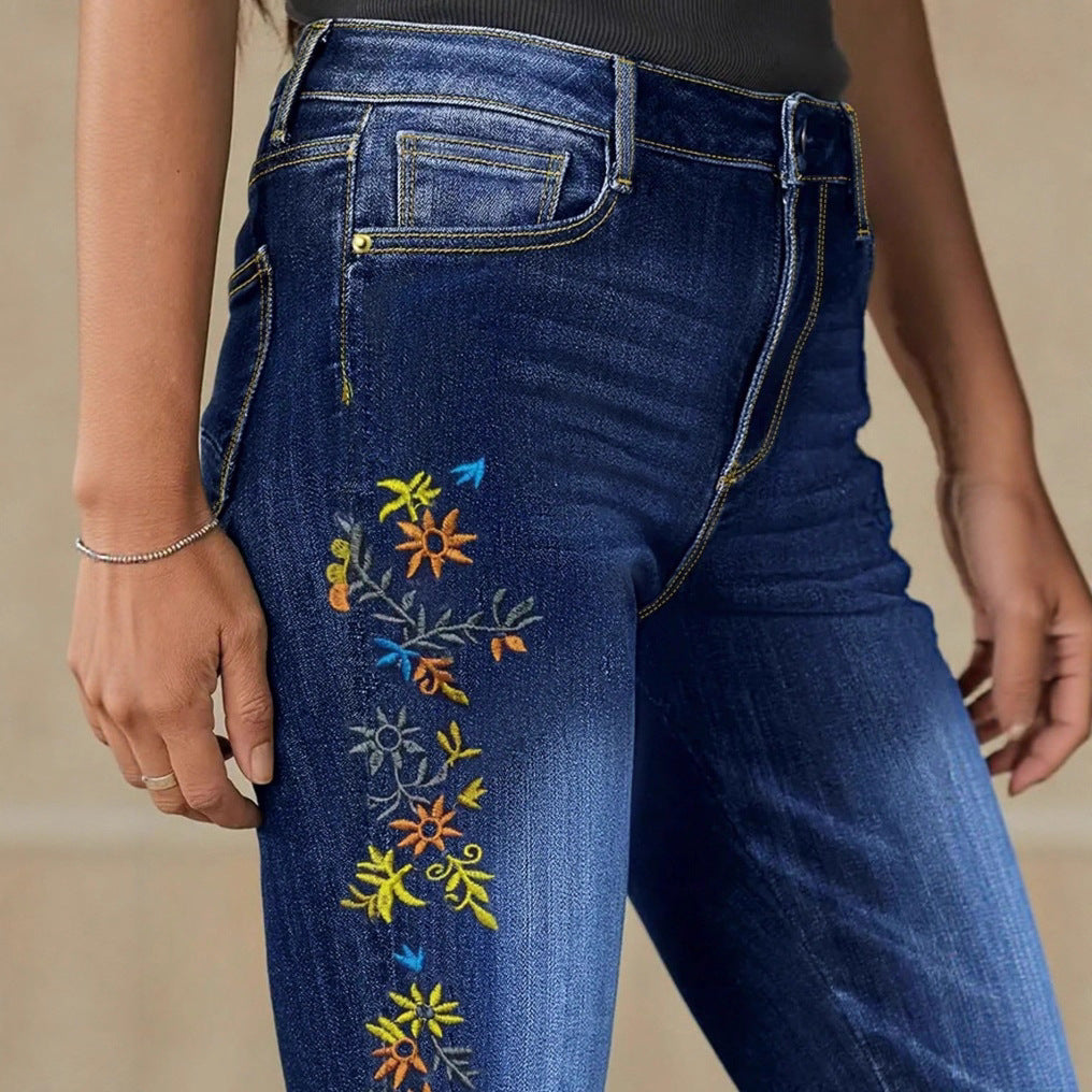 Women High-Waisted Skinny Jeans with Side Flower Embroidery Chichicherry