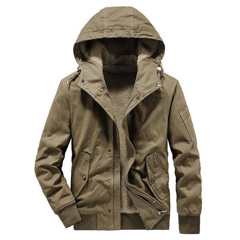 Men's Hooded Canvas Jacket with Sherpa Lining, Windproof and Utility Pockets Chichicherry