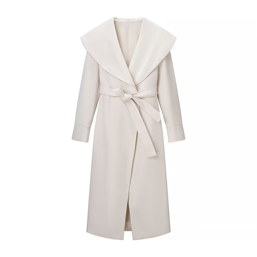 Women Elegant Coat with Oversized Shawl Collar and Tied Belt Chichicherry