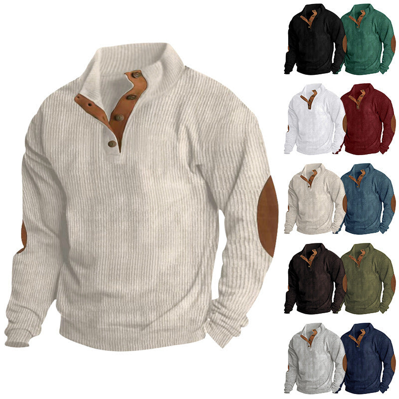 Men's Waffle Knit Henley Sweater with Stand-Up Collar and Elbow Patches Chichicherry