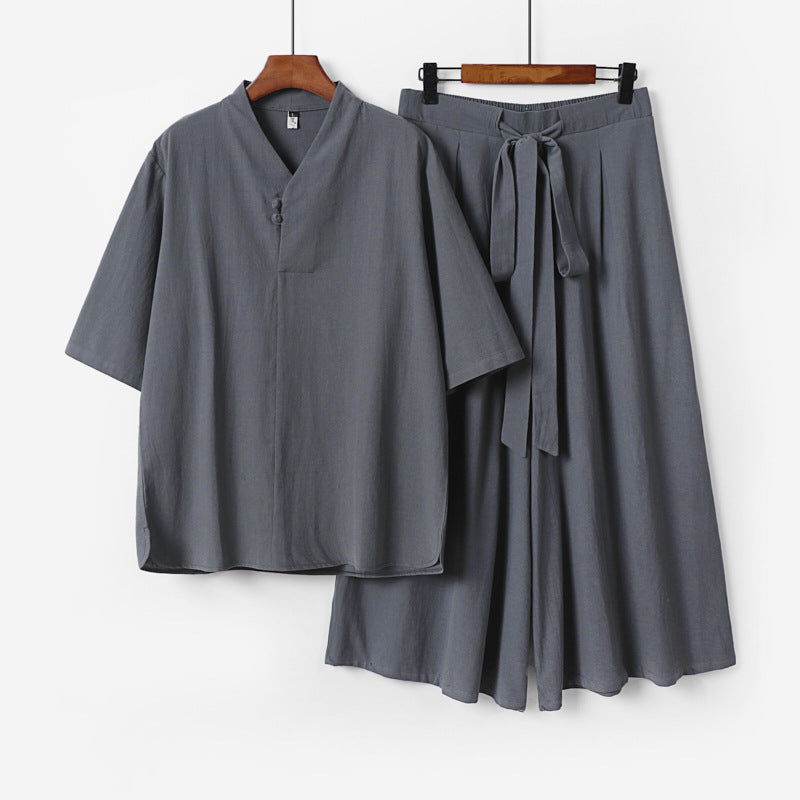 Unisex Two-Piece Kimono Lounge Set with Stand Collar Short Sleeve Top and Loose Tie Waist Pants Chichicherry