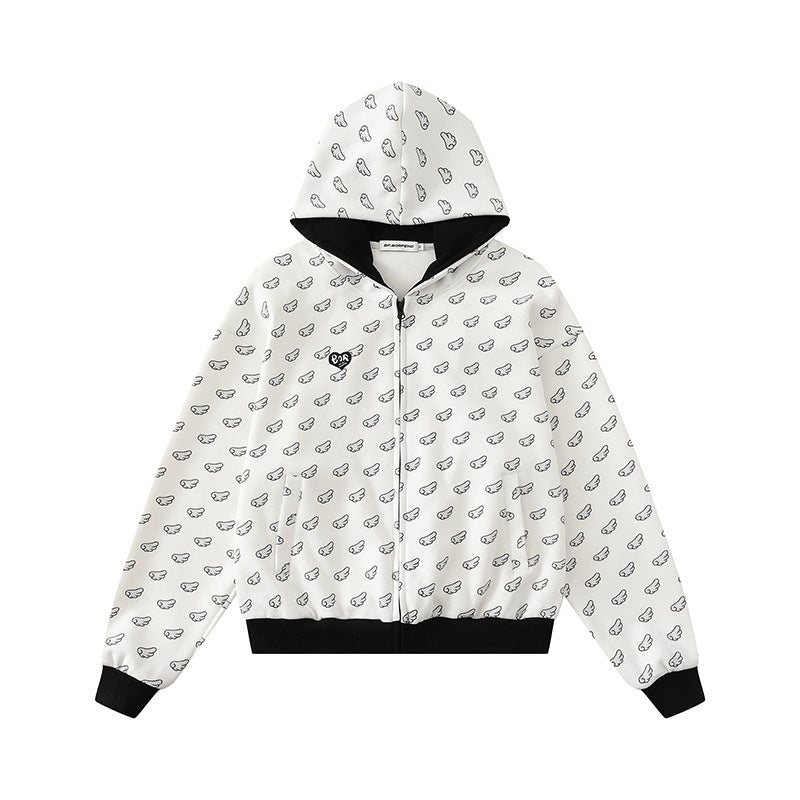 Women's hooded sweatshirt jacket with all-over wing design, full zip and contrasting cuffs Chichicherry