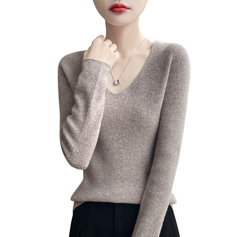 Women’s slim fit V-neck fine-knit pullover with fine ribbed texture and soft feel Chichicherry