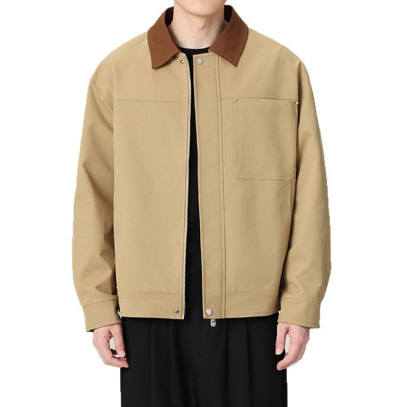 Men's short jacket in workwear look with contrast collar, concealed zipper, and chest pocket Chichicherry