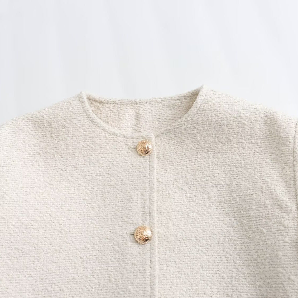Women's Boxy Boucle Jacket with Round Neckline, Decorative Button Placket and Flap Pockets Chichicherry