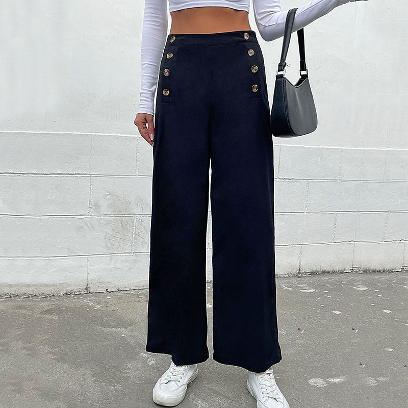 Women's High-Waisted Wide-Leg Pants with Maritime-Inspired Decorative Button Placket Chichicherry