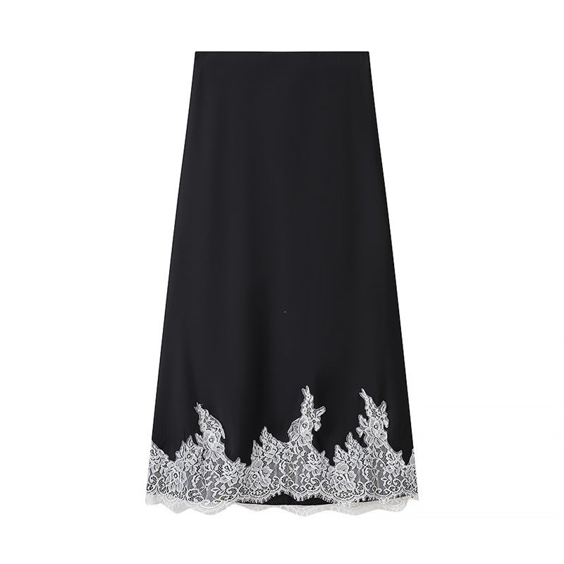 Women's Two-Piece Satin Set with Wrap Blouse, Lace Trim and A-Line Maxi Skirt Chichicherry