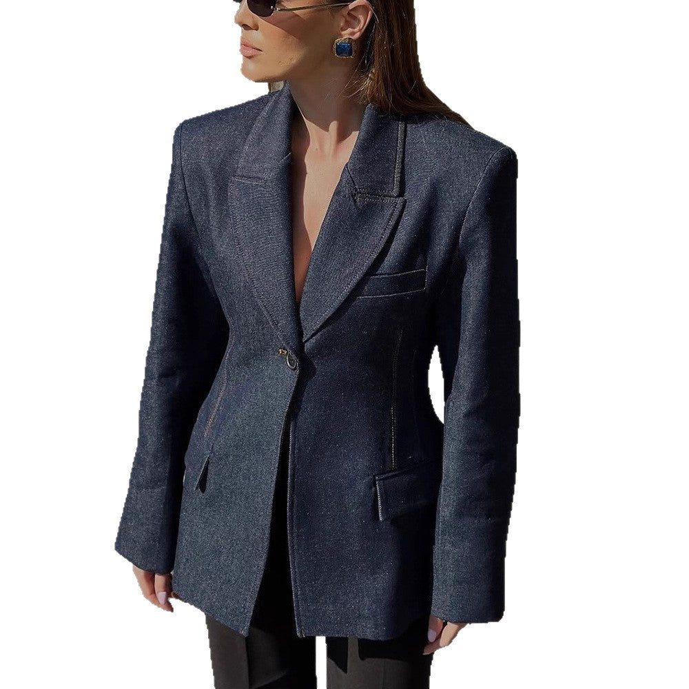 Women tailored jeans blazer with curved lapel Chichicherry