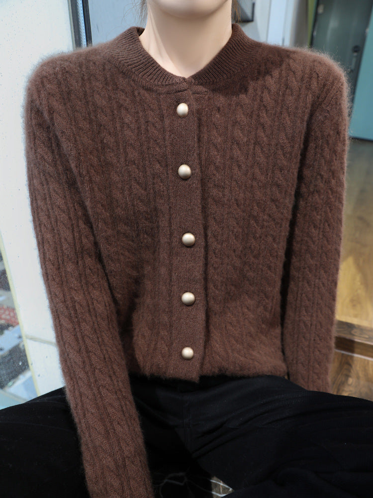Women Lightweight Braid Knit Cardigan in Mohair Look with Decorative Mother of Pearl Buttons Chichicherry