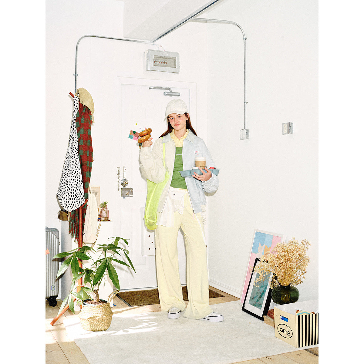 Unisex Striped Pastel Corduroy Jacket in Boxy Cut with Shirt Collar and Elastic Cuff Chichicherry