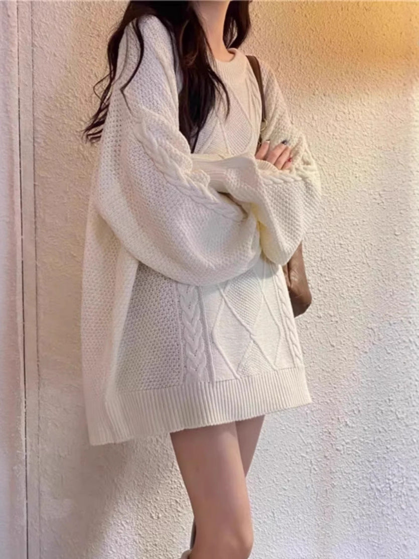Women Oversize Cable Knit Long Sweater with Round Neck and Balloon Sleeves Chichicherry