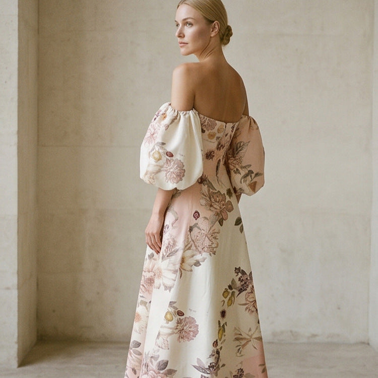 Women Elegant Off-Shoulder Evening Dress with Flared Skirt and Balloon Sleeves Chichicherry