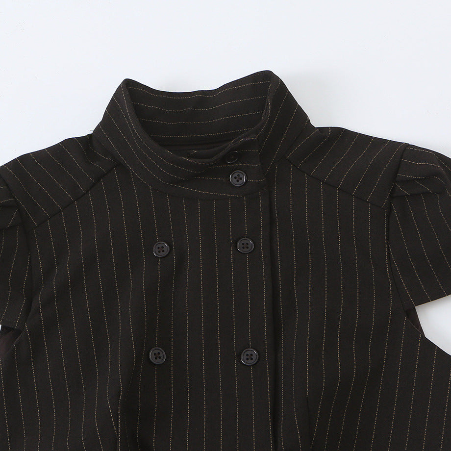 Women Tailored Short Sleeve Waistcoat with Pinstripes and Double Button Placket Chichicherry