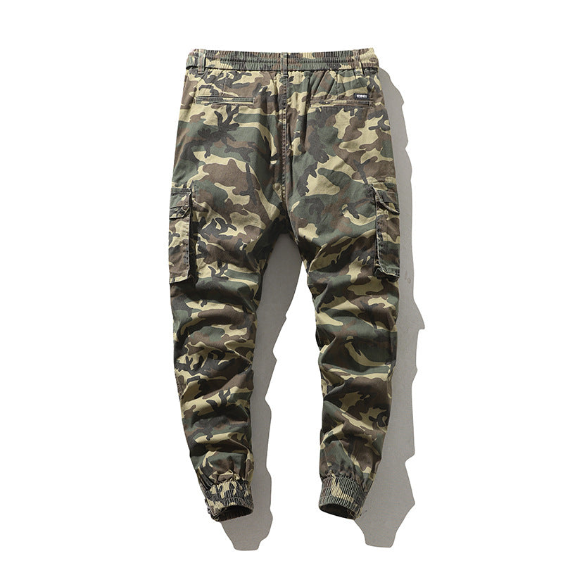 Men's cargo joggers in camouflage print, elastic waistband and cuffs.