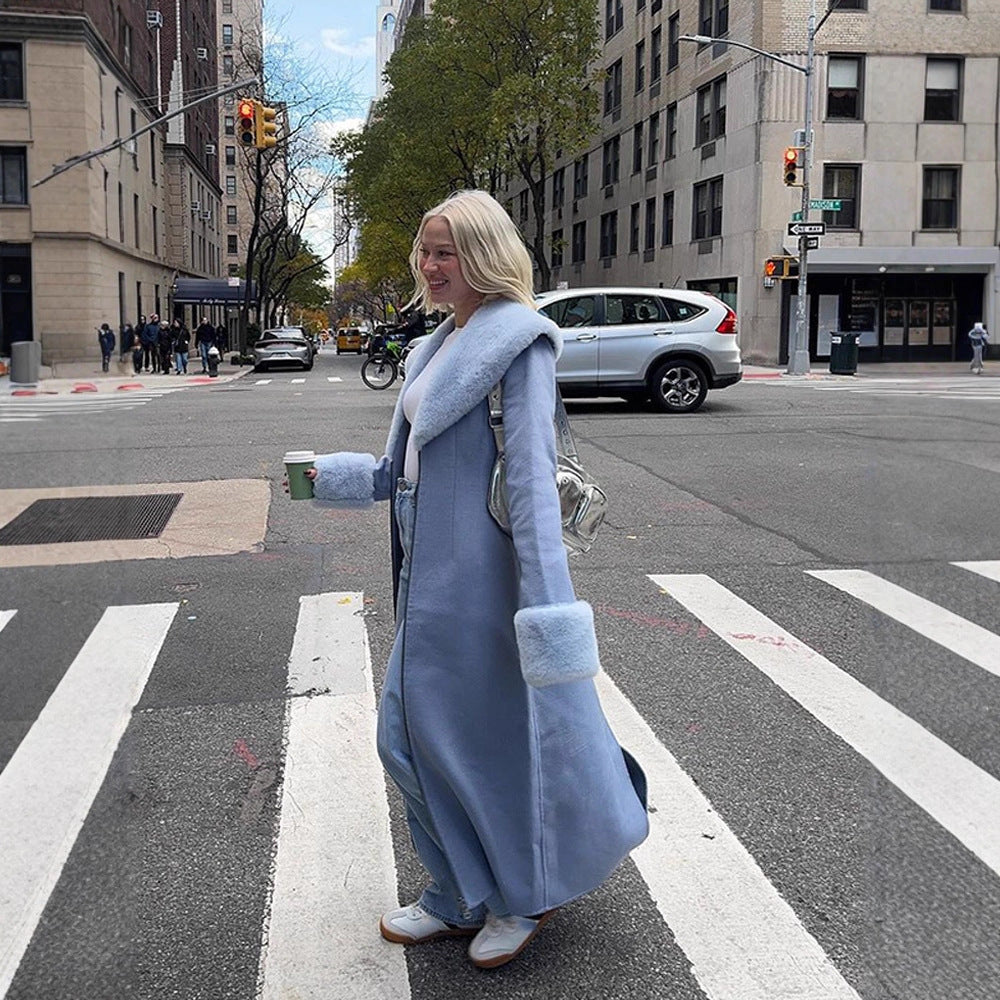 Women Elegant long-cut coat made of velour look with voluminous faux fur shawl collar Chichicherry