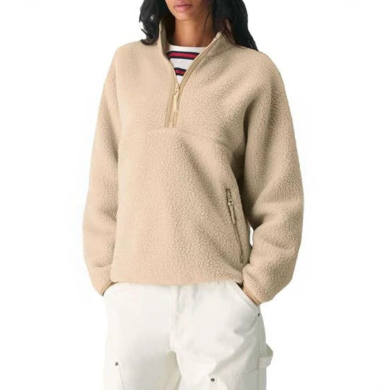 Women's Oversize Sherpa Fleece Pullover with Half Zip and Kangaroo Pocket Chichicherry