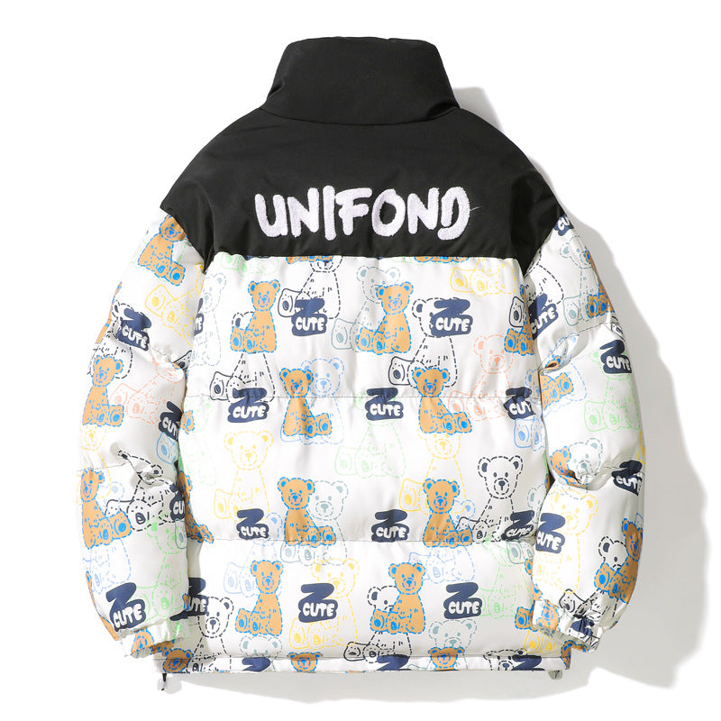 Unisex Quilted Teddy-Print Puffer Jacket with High Collar Chichicherry