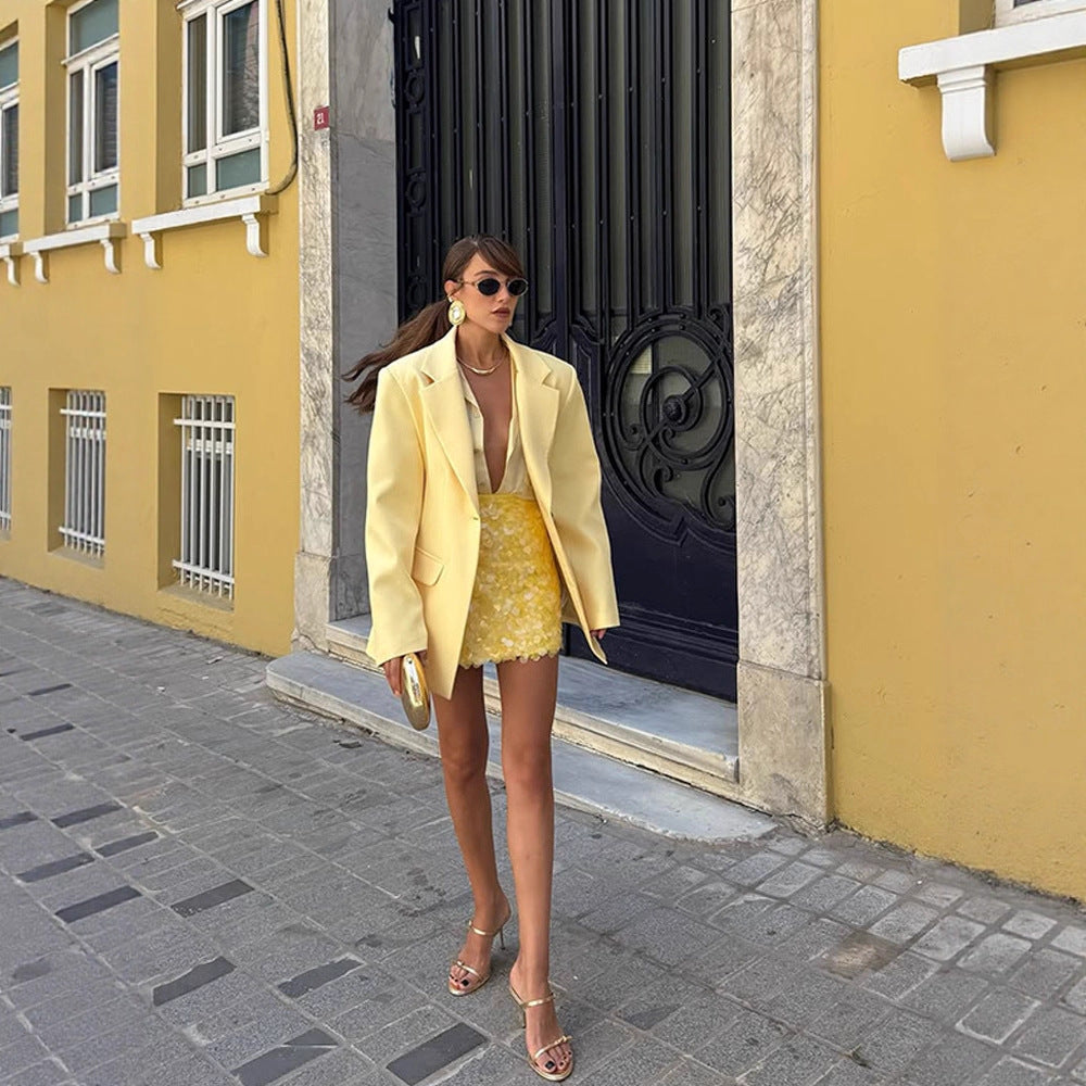Women's Two-Piece Blazer Set with Oversized Jacket and 3D Flower Mini Skirt Chichicherry