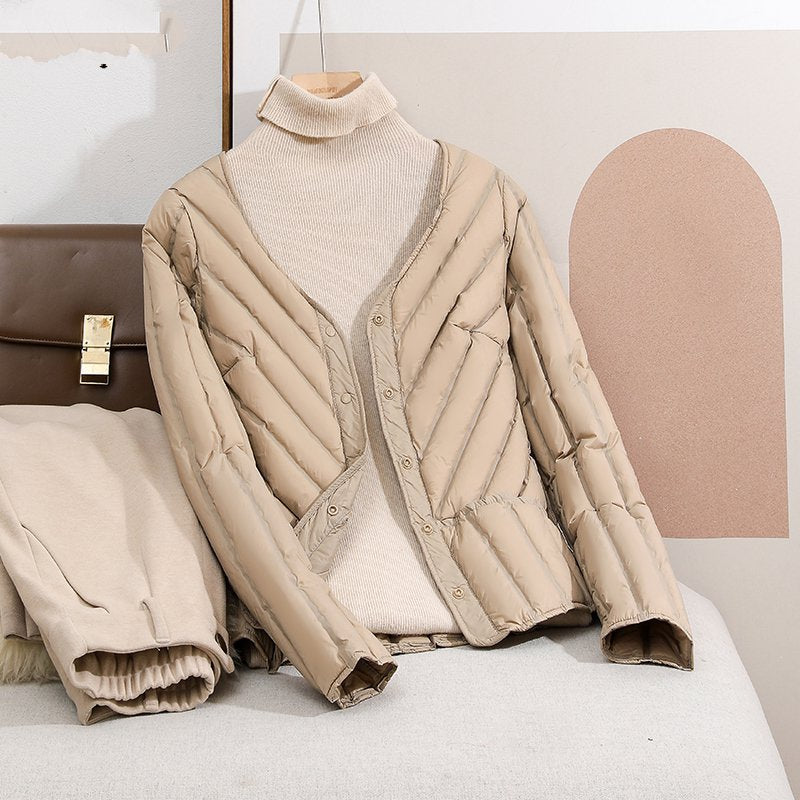 Women's Ultra-light Quilted Cardigan Jacket with V-neck and Snap Button Closure Chichicherry