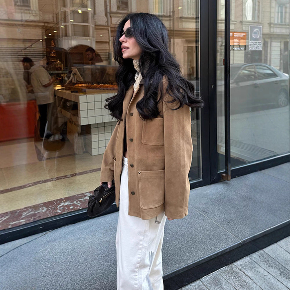 Women's Boxy Short Jacket in Suede Look with Contrast Collar & Patch Pockets Chichicherry