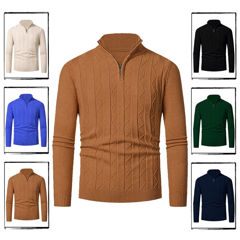 Men's fine knit half-zip sweater with cable pattern and stand-up collar Chichicherry