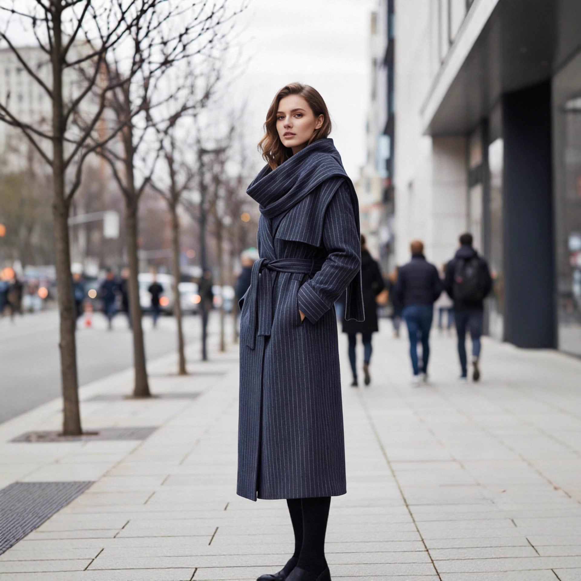 Women’s long coat with oversized shawl collar, belt at the waist and pinstripes Chichicherry