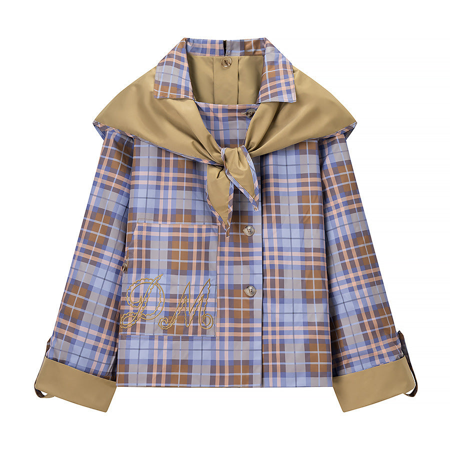 Women’s short jacket with check collar, tie scarf, and monogram pocket Chichicherry