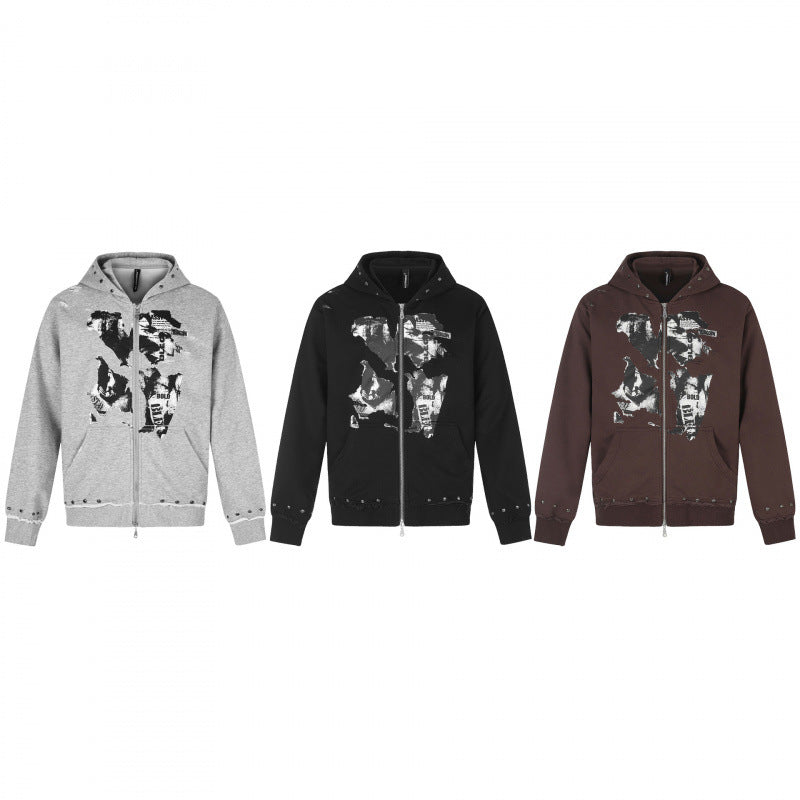 [Men] Hooded sweatshirt jacket with full zip, vintage print and studded details Chichicherry