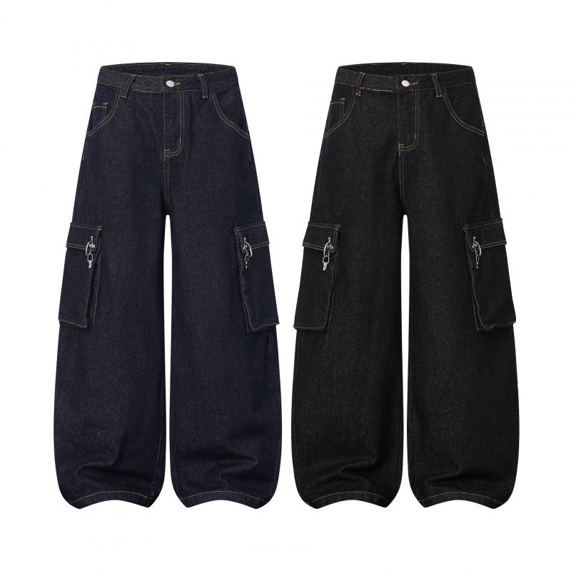 Women Balloon-shaped Cargo Jeans with High Waist, Wide Leg and Flap Pockets Chichicherry