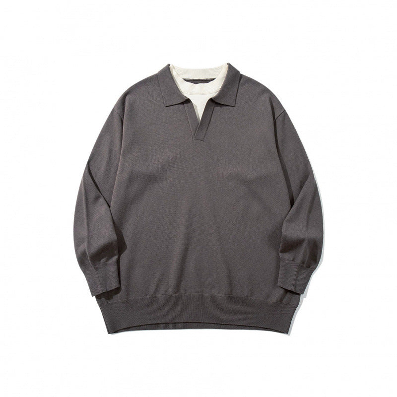 Unisex Oversize fine knit pullover with open Henley neckline and contrasting inner collar Chichicherry