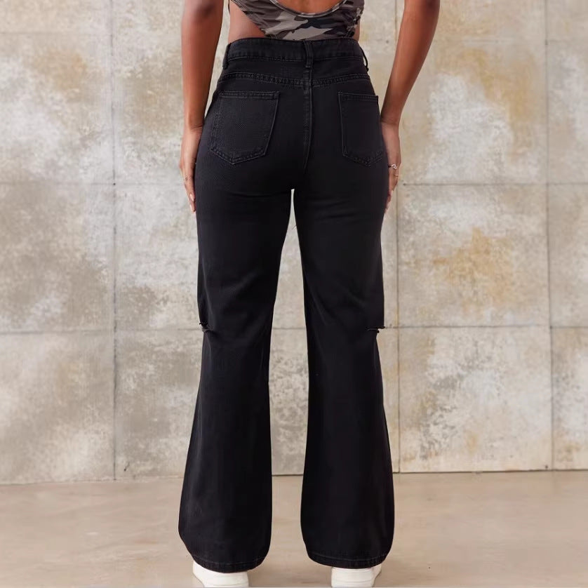 Ladies High-Waist Straight Jeans with wide leg, knee rip and textured denim look Chichicherry